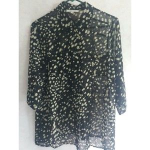 Quintessential button Down Blouse Sheer Sz Small black cream 3/4 Sleeve